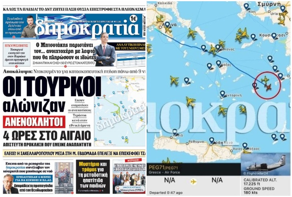 The controversial cover of Demokratia and the document of Turkish overflights in the Aegean.