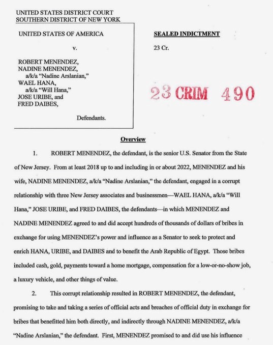 Menendez indictment first page