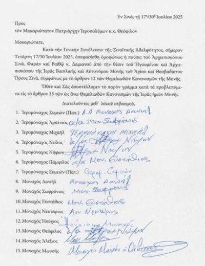 Η επιστολή 15 πατέρων της Μονής Σινά